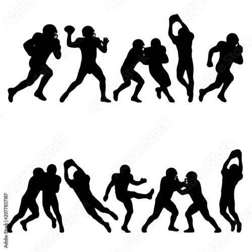 American Football Player Silhouettes Running Throwing and Tackling Set