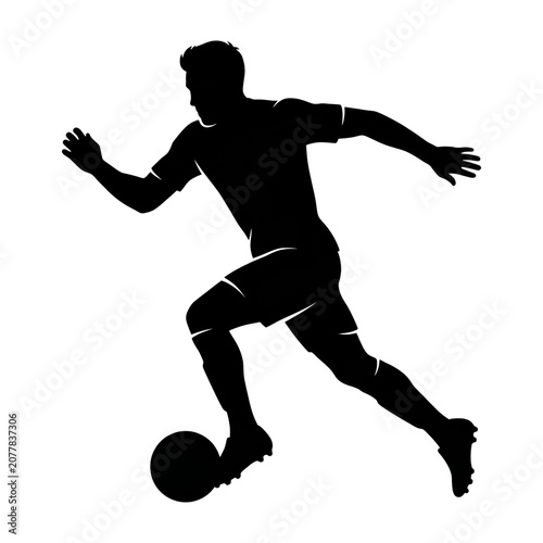 Male Soccer Player Dribbling Ball Black Silhouette Vector Illustration