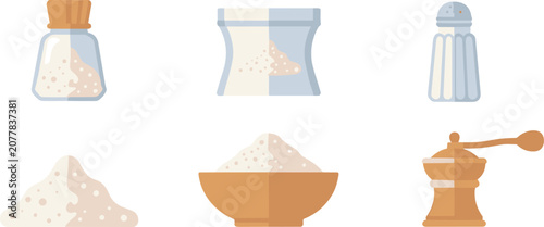 Quadro su tela Salt vector set featuring crystal piles, wooden shaker mills, glass cellar bottles, and ceramic condiment bowls, flat seasoning food cooking graphics