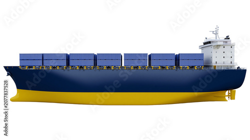 Canvas Print Large cargo ship with blue containers and yellow hull