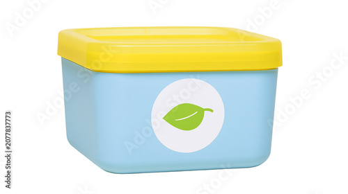 Naklejka Light blue plastic container with yellow lid and green leaf symbol