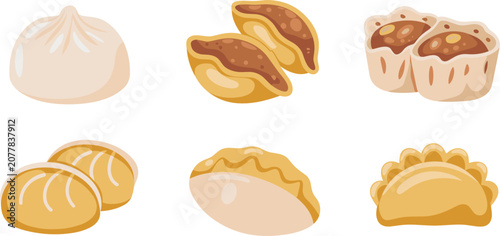 Schilderij op canvas Dumplings vector collection containing traditional Chinese baozi, steamed dim sum, savory gyoza, and opened wonton dough wrappers, Asian restaurant menu food graphics