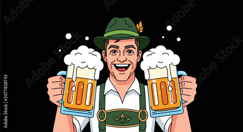 Smiling man in traditional outfit holds two large foamy beer steins