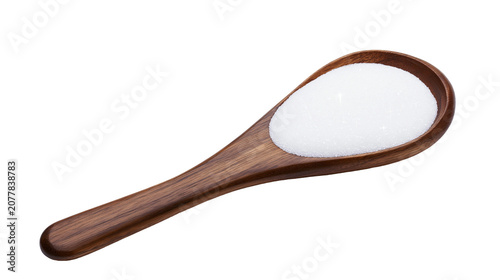 Photos Wooden spoon filled with white granulated sugar