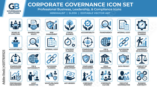 Foto Corporate governance icon set, professional business leadership and compliance i