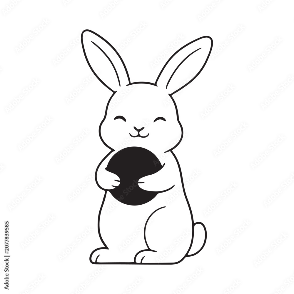 Fototapeta premium Rabbit Silhouette Holding Object Black And White Line Art