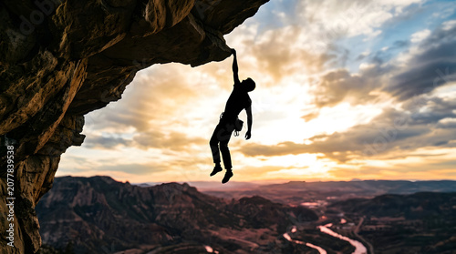 Man climbing cliff with one hand at sunset overlooking valley