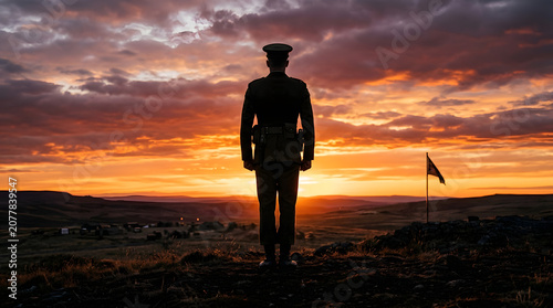 A lone soldier stands on a hill at sunset with a flag