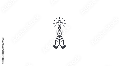 Fotografie Praying Hands with Candle and Cross Icon - Faith and Spirituality Symbol