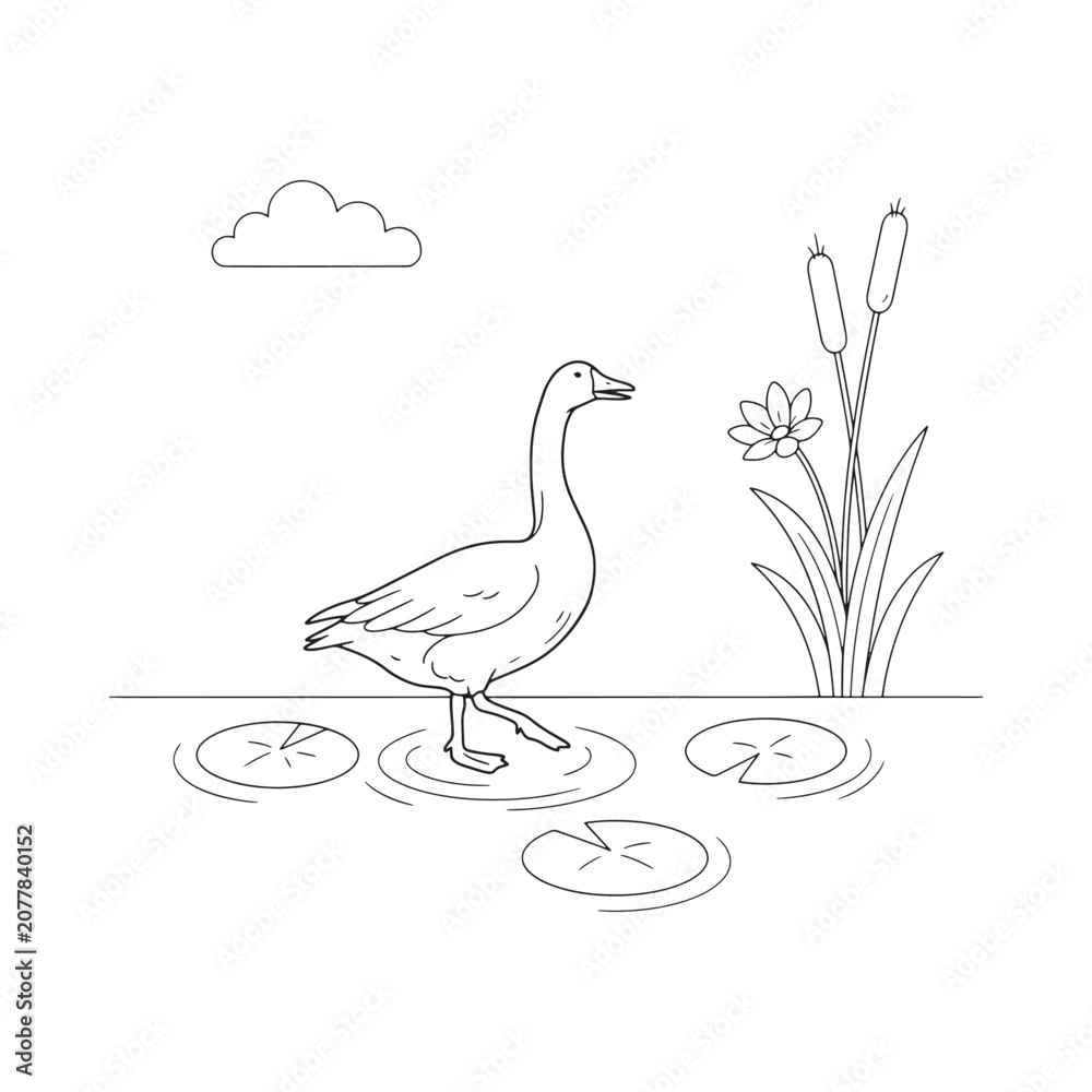 Obraz premium Goose With Cattails And Lily Pads Black And White Line Drawing
