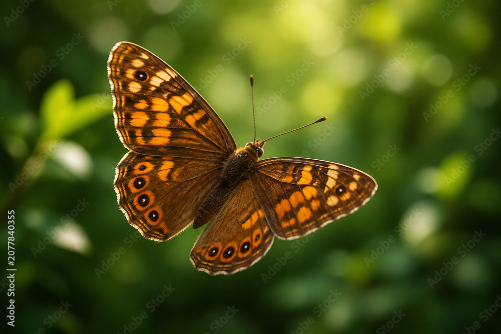 Obraz premium A brown butterfly with orange markings is flying outdoors amidst lush green foliage.