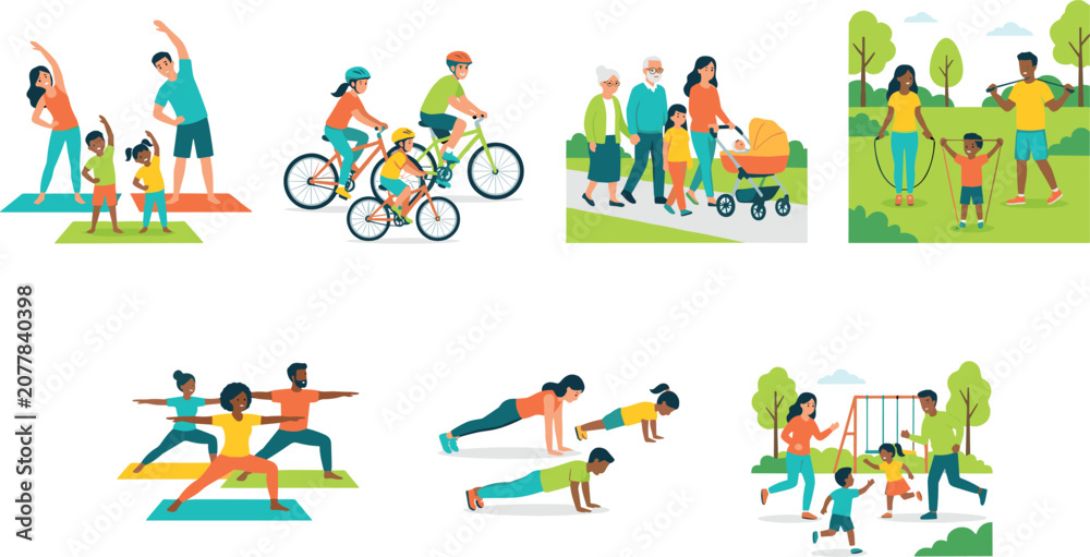 Fototapeta premium Family Fitness Activities Set with Yoga Cycling Outdoor Exercise and Healthy Lifestyle Vector