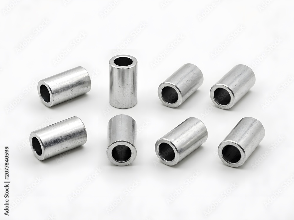 Fototapeta premium Machined Aluminum Spacers Scattered on White Background with Soft Studio Lighting