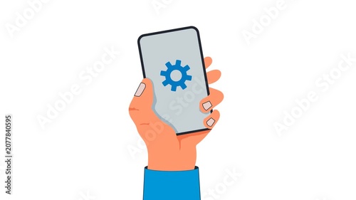 Hand Holding Smartphone with Settings Icon: A stylized illustration depicting a hand gripping a modern smartphone, featuring a prominent gear symbol on the screen.