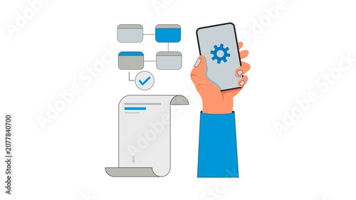 Mobile App Workflow Illustration: A hand holds a smartphone displaying a gear icon, symbolizing app settings, next to a flow chart diagram and a checklist.
