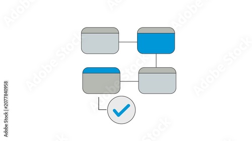 Organizational Flowchart Element: A simplified digital illustration depicts a segment of a flowchart or organizational structure, highlighting selected nodes and a confirmation checkmark.