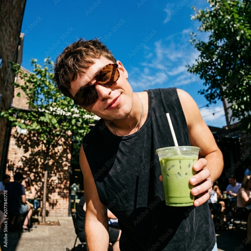 Fototapeta premium Young casual man enjoying a cold refreshing green matcha iced latte drink at an outdoor cafe