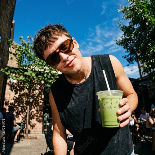 Young casual man enjoying a cold refreshing green matcha iced latte drink at an outdoor cafe