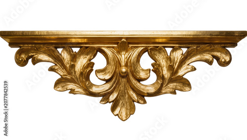 Ornate golden carved decorative shelf bracket with acanthus leaves