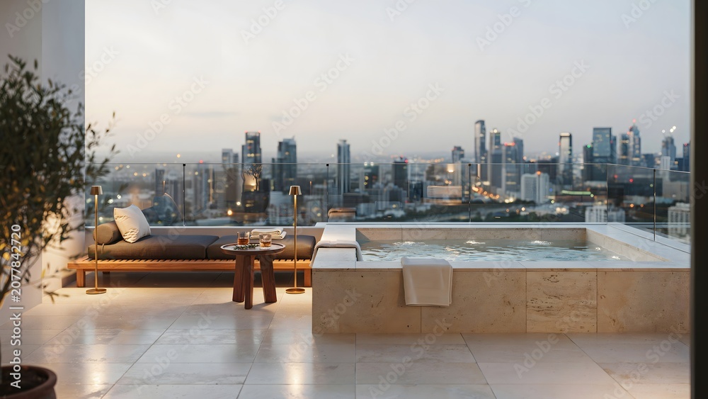 Fototapeta premium Modern rooftop terrace overlooking city skyline with hot tub and lounge area