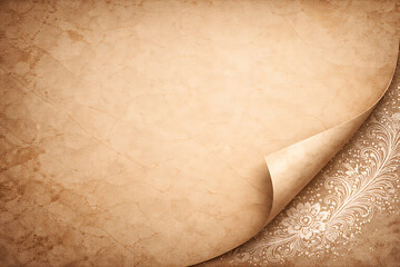 Elegant Vintage Parchment Paper Background with Curled Corner and Decorative Floral Lace Ornament Design