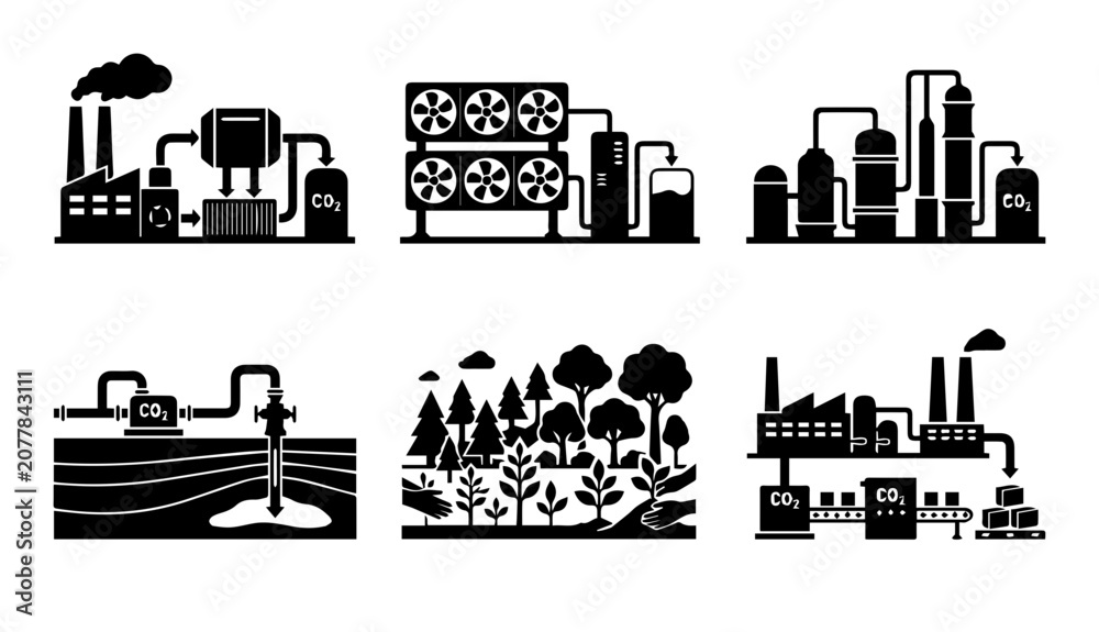 Obraz premium 6 Industrial Process Icons, CO2 capture and storage, factory, nature, energy production, outline solid styles, UI and web interface design