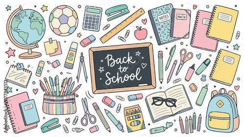 Colorful back to school illustration with educational supplies and accessories