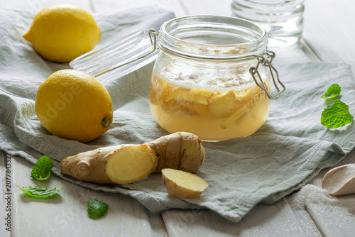 Fermented natural organic ginger lemonade - healthy sparkling and refreshing drink