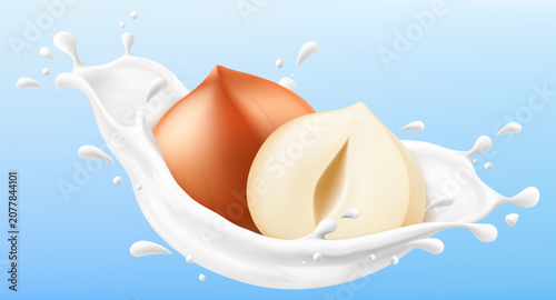 Hazelnut falling into a creamy milk or yogurt splash with liquid droplets, isolated on a blue background for food design and healthy breakfast concept. Realistic 3d vector illustration