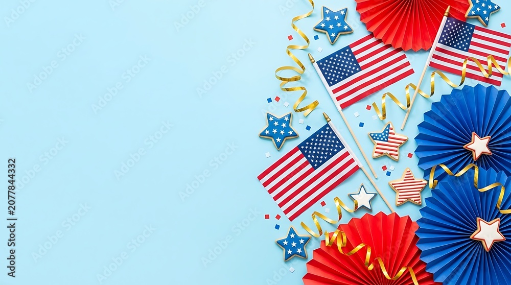 Fototapeta premium Patriotic Independence Day Festive Decorations on a Solid Blue Background
