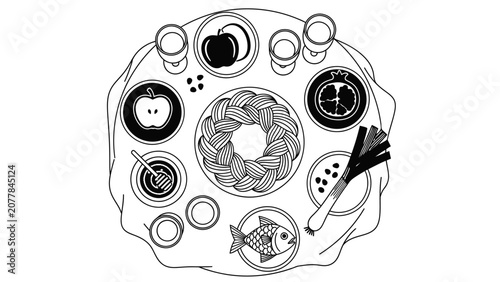 Bild auf Leinwand Line art illustration of a Rosh Hashanah dinner table with traditional holiday foods like challah bread, apples, honey, and pomegranate, representing Jewish New Year traditions and celebration