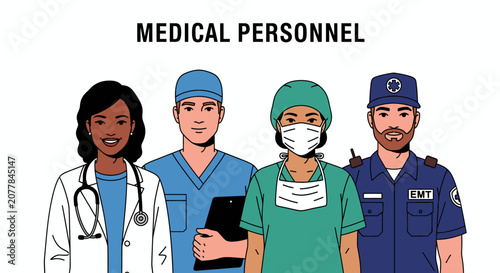 Illustration of diverse medical personnel, including a doctor, nurse, and EMT, representing healthcare teamwork, professional services, and emergency medical support.