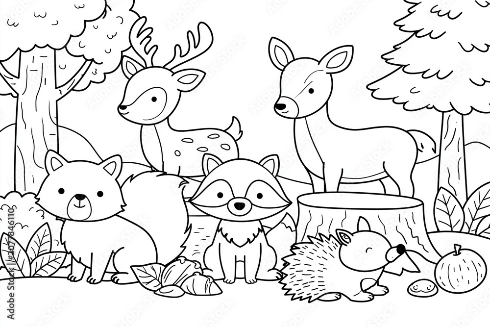 Fototapeta premium Woodland creatures gather near a fallen tree stump. Deer, fox, raccoon, hedgehog, and an apple complete the scene. Animals appear calm and curious