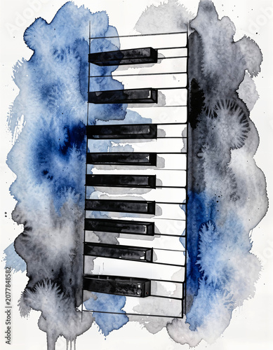 Watercolor Piano Keys – Vertical Blue and Black Aquarelle Texture on White Paper