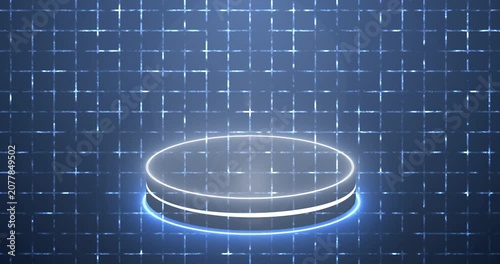 Luxury Neon Cylinder Podium on a grid background in 4K. Abstract Minimal Display Background for product showcase, presentation, and promotion. Empty display podium. Easy to use.