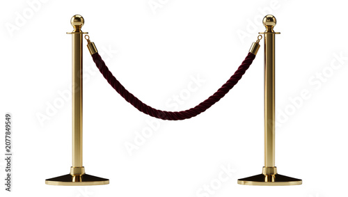 Foto Polished brass stanchions with burgundy rope barrier, isolated on transparent ba