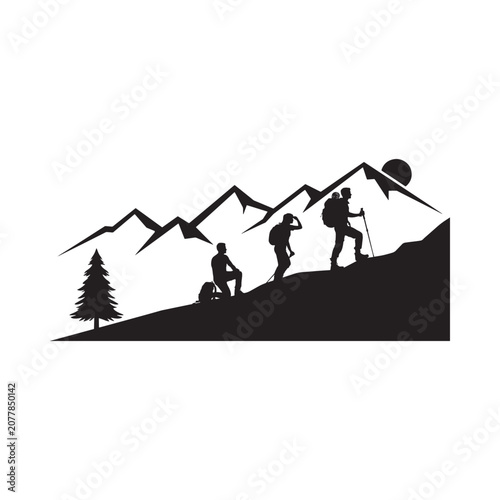 Foto Mountain Silhouette With Hikers And Trees Black And White