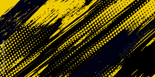 Abstract Black and Yellow Dirty Grunge Background with Halftone Effect. Sports Background with Brush Stroke Illustration