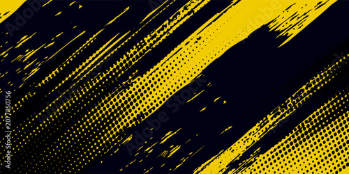 Abstract Black and Yellow Dirty Grunge Background with Halftone Effect. Sports Background with Brush Stroke Illustration