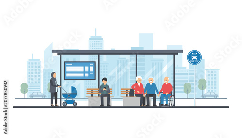 Diverse group of people including a mother with a stroller, a teenager, and senior citizens waiting at a modern bus station.