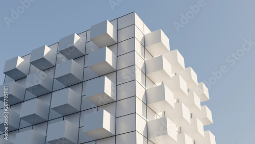 Obraz na płótnie Abstract 3D render of a futuristic building facade with white protruding modular