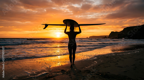 Person carries surfboard on beach at sunset with ocean waves