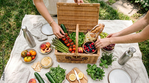 Organic grocery flat lay featuring fresh vegetables, fruits, and a picnic basket on a white cloth in a grassy outdoor setting with plates and drink containers