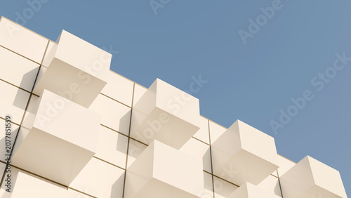 Cuadro en lienzo Low angle view of abstract futuristic building facade with protruding white modu