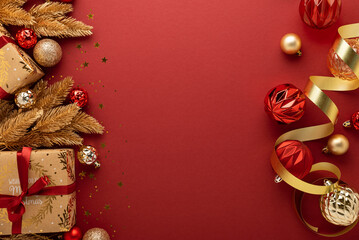 Christmas gifts and ornaments on red background celebrating holiday