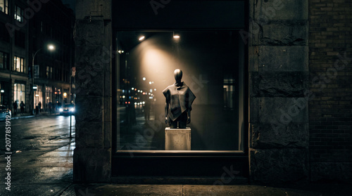Mannequin standing in a city store display window at night