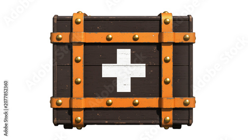 Bild auf Leinwand Wooden chest with orange straps and brass rivets, white cross symbol