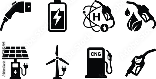 Bild auf Leinwand Alternative energy and eco friendly vehicle fueling icon set representing sustai