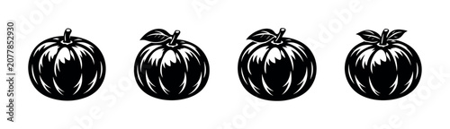Εκτύπωση καμβά Set of four stylized black and white illustrations of round fruits with stems an