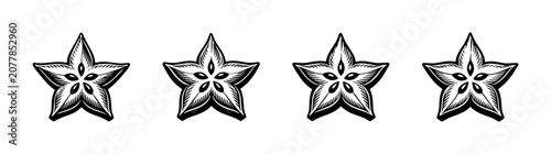 Fotografía Four star fruit slices arranged in a row, black and white illustration